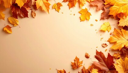 A vibrant display of autumn leaves scattered on a warm-toned background, evoking seasonal change