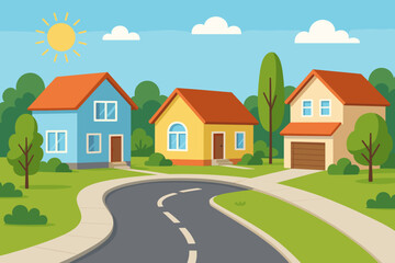 Suburban landscape with cute and cozy houses. Village street scene in summer with a road, trees, green lawns. Residential neighborhood. Real estate, property, home ownership concept.