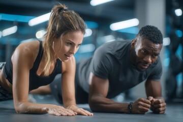 Personal trainer assists a client in performing a plank exercise in a contemporary gym, focusing on body alignment and proper form for an effective workout session