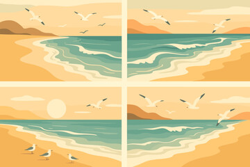 Collection of retro beach landscape illustrations with ocean waves and seagulls. Vintage summer seascape for poster, background or postcard design. Vector coastal scenes set.