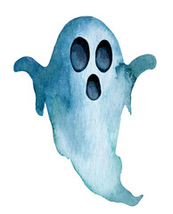 Watercolor ghost illustration in a soft blue hue perfect for Halloween decorations and crafts