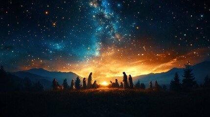 Magical Night Sky Over Serene Forested Landscape with Majestic Mountains