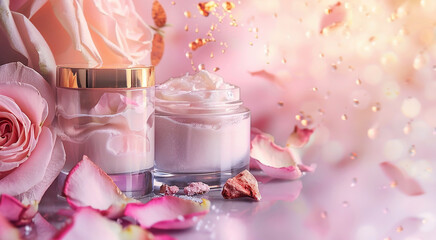 Face care cream in a transparent jar with a gold lid on a background of pink roses