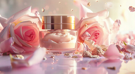 Face care cream in a transparent jar with a gold lid on a background of pink roses