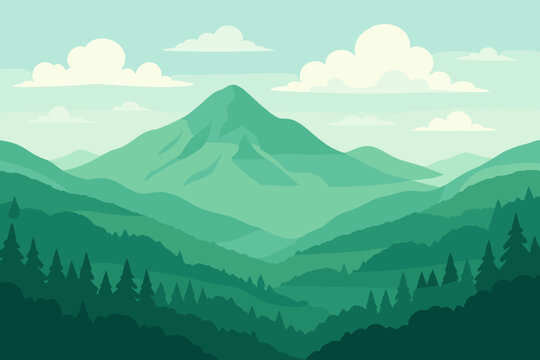 Green mountain landscape with hills and forest silhouette. Nature scenery background. Panoramic view with parallax effect. Modern flat cartoon vector illustration for wallpaper.
