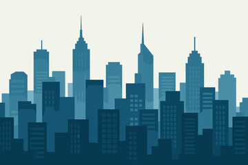 Fototapeta premium Panoramic Modern Cityscape Silhouette, Tall Skyscrapers, Office Buildings, Urban Skyline, Metropolis, Downtown Architecture, Blue Flat Vector Illustration
