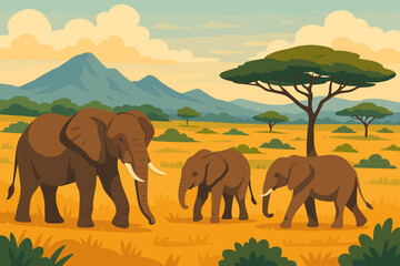 African Elephants Family in Savannah. Wildlife Safari Adventure. Majestic Elephants Herd. African Landscape with Acacia Trees, Mountains, Grassland. Nature Travel. Flat Vector Illustration