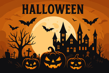 Halloween Night Poster with Spooky Pumpkins, Haunted Castle, Bats, Full Moon, Graveyard, Bare Trees, Scary Faces, Festive Vector Illustration, Holiday Party Flyer, October 31 Design
