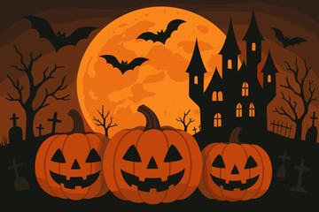 Halloween Night Pumpkins, Haunted Castle, Bats, Cemetery, Spooky Full Moon, Festive Banner, Poster, Vector Illustration, Dark Trees, Graveyard, Holiday Design