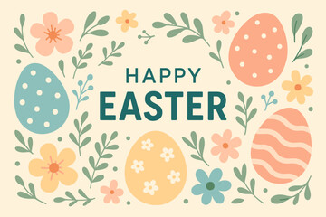 Happy Easter Greeting Card Banner with Pastel Eggs, Spring Flowers, Leaves, Minimalist Vector Illustration, Festive Holiday Background, Modern Easter Design