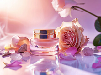 Face care cream in a transparent jar with a gold lid on a background of pink roses