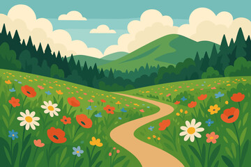 Fototapeta premium Scenic Hiking Trail Through Wildflower Meadow, Rolling Hills, Pine Forest, Blue Sky, Modern Flat Vector Illustration, Nature Landscape, Outdoor Adventure, Spring Summer Field