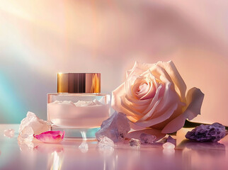 Face care cream in a transparent jar with a gold lid on a background of pink roses