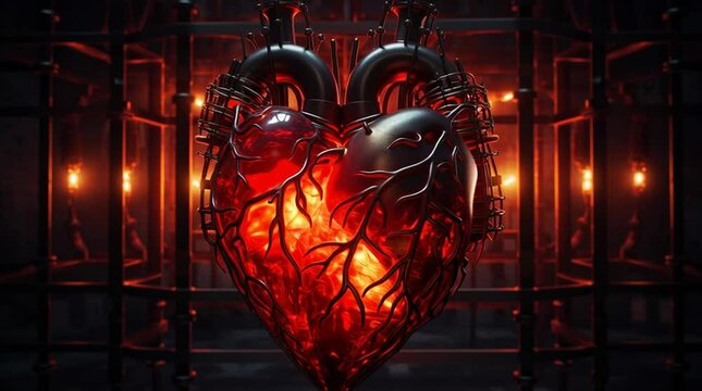 Abstract heart sculpture with mechanical elements glowing in darkness  