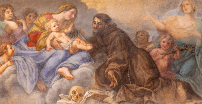 FLORENCE, ITALY - MARCH 17, 2025: The fresco of St. Francis of Assisi with the Madonna in the church chiesa di San Salvatore in Ognissanti by Cosimo Ulivelli (1662).