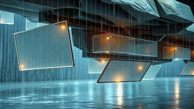 Futuristic Rain-Soaked Digital Screenscape Abstract Architecture and Glowing Displays in a Cyberpunk Setting