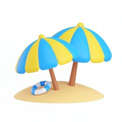 Delightful 3D rendered illustration of two beach umbrellas with blue and yellow stripes, a lifebuoy, and sand, perfect for summer, vacation, and relaxation themes.