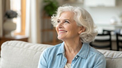 Golden years. Head shot portrait beautiful happy senior adult lady retiree relax sitting on sofa at home looking aside with calm dreamy smile enjoy good health active retirement serenity of free time