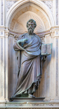 FLORENCE, ITALY - MARCH 17, 2025: The bronze statue St. Matthew the Evangelist on the facade of Orsanmichele by Lorenzo Ghiberti (1419 - 1420).