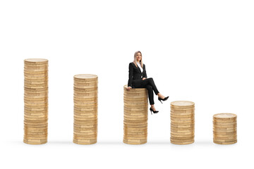 Female economist sitting on a pile of coins