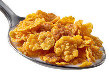 Close up of crunchy cornflakes cereal with milk on a spoon isolated on transparent background