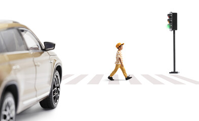Full length profile shot of a boy crossing a street alone at zebra crossing