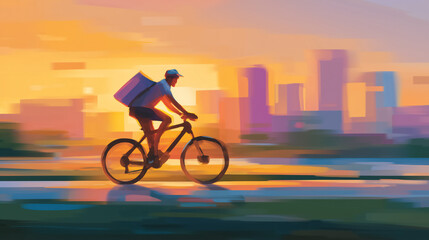 Cyclist pedals swiftly with delivery bag in city during vibrant sunset. Urban skyline in background creates dynamic atmosphere. Concept of delivery services, urban transportation, cycling