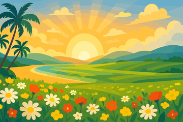 Obraz premium Vibrant Summer Sunrise Over Paradise Beach, Blooming Daisies, Colorful Wildflowers, Lush Green Meadows, Rolling Hills, Scenic Spring Landscape Panorama