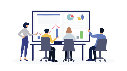 Business presentation with team members watching charts and graphs on a large screen display board