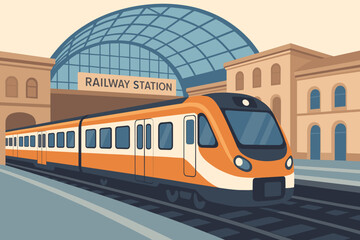 Modern Passenger Train Arriving at Urban Railway Station, Glass Dome Architecture, Subway or Commuter Train, Public Transport, City Transit, Flat Vector Illustration