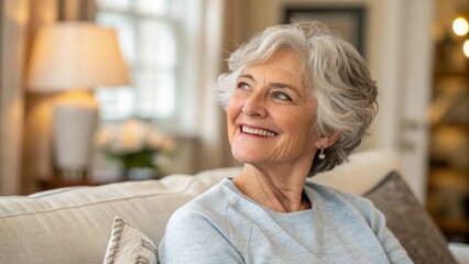 Golden years. Head shot portrait beautiful happy senior adult lady retiree relax sitting on sofa at home looking aside with calm dreamy smile enjoy good health active retirement serenity of free time