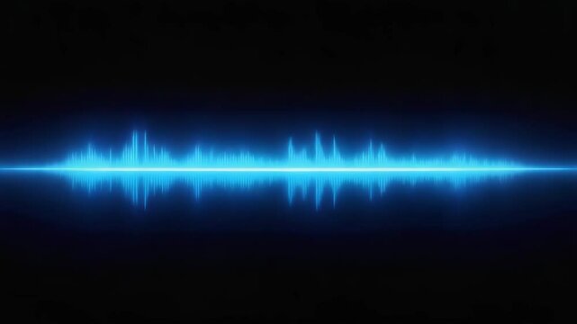 Bright blue digital soundwaves rise and reflect symmetrically across sleek, dark futuristic surface