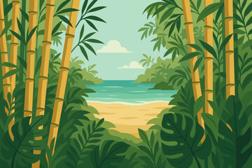 Bamboo Forest Beach View, Tropical Jungle Landscape, Exotic Plant Leaves, Seaside Nature, Summer Paradise, Lush Greenery, Coastal Rainforest, Tranquil Ocean Horizon