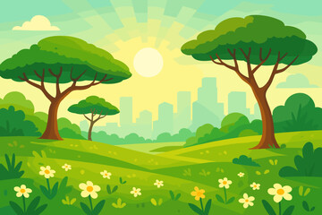 African Urban Park Landscape Vector. Lush Green Meadow, Wildflowers, Acacia Trees, City Skyline Silhouette, Sunny Summer Day, Nature and Urban Harmony, Eco-Friendly Design, Outdoor Scenery
