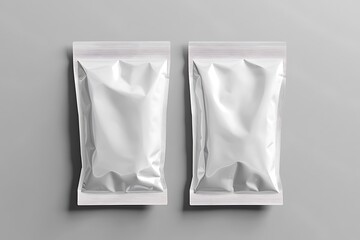 Two Blank Glossy White Foil Pouch Mockups on Neutral Gray Background