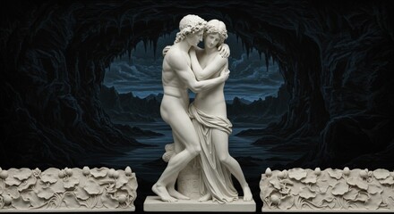 two marble statues hugging, god of love, greek mythology