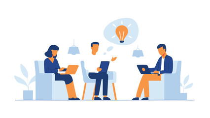 Illustration of three people sitting with laptops and a lightbulb idea above one person, brainstorming session