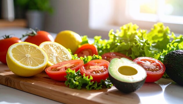 Freshly cut vegetables and fruits arranged on a wooden cutting board, illuminated by sunlight. - Powered by Adobe