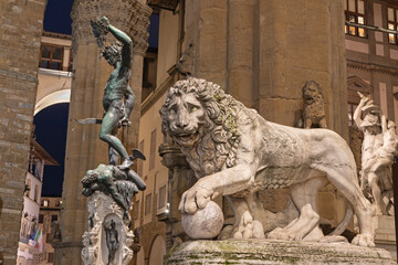 FLORENCE, ITALY - MARCH 17, 2025: The sculpture of Lion - Loggia dei Lanzi - original antic by  Flaminio Vacca (1594 - 1598).