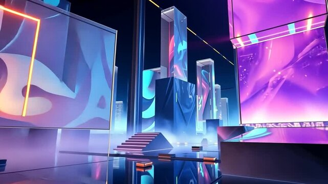 Neon Cityscape Stage Design Futuristic Architecture and vibrant lighting for events