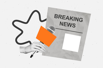 Sketch image trend artwork 3D photo collage of misleading information news media disinformation hand hold mic tool breaking news newspaper