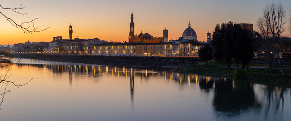 Florence - The cityscape at dusk with the Cathedral and Basilica Santa Croce and Palazzo Vecchio at...