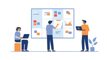 Three people collaborating on a project with a kanban board and laptops in a modern office space