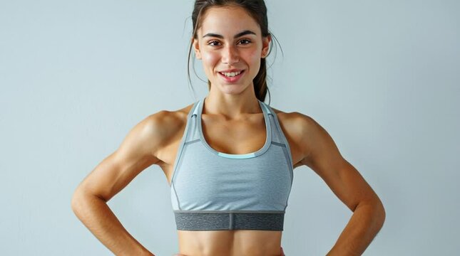 Fitness woman smiling portrait in sports bra for workout motivation and healthy lifestyle tips