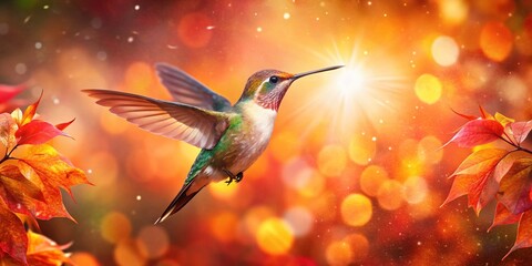 Naklejka premium Hummingbird Soaring Amidst Glowing Particles and Autumn Leaves - Stock Photo