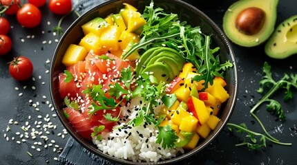 Colorful Nourishment: A vibrantly composed culinary masterpiece showcasing a medley of fresh, flavorful ingredients that tantalize the senses, inviting a delightful gastronomic journey.