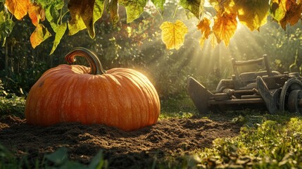 Autumn pumpkin in a garden with sunlight