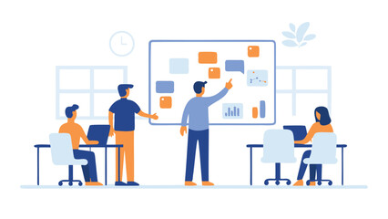 Illustration of a business meeting with people discussing ideas on a whiteboard in an office space