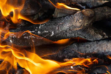 Firewood burning in a fire. Background of orange flames and charred wood.