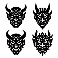 Tribal Demon Face Tattoo Collection - Dark Abstract Monster Mask Silhouettes with Sharp Lines and Fierce Expressions, Evil Ink Art Style with Transparent Background